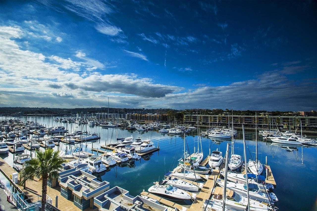 Rows of boats docked at a large marina in Los Angeles